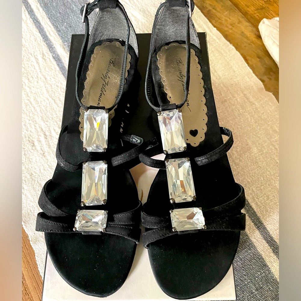 BEVERLY FELDMAN VTG Y2K Black Suede Sandals HUGE Crystal Jeweled Ankle Flat 9.5